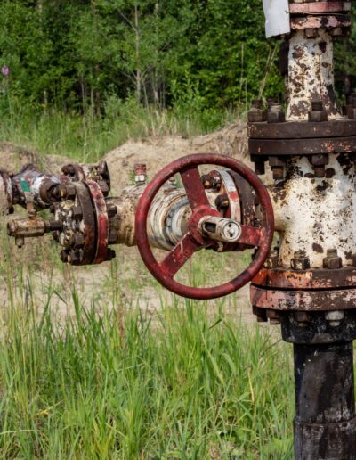 Rusty industrial valves with red handwheels are attached to metal pipes in an overgrown grassy outdoor area, with trees and dirt in the background.