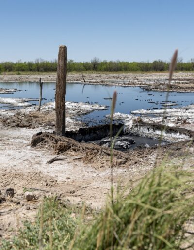 A dry, cracked landscape with a shallow, muddy pond and a single wooden post in the center under a clear blue sky. Sparse vegetation is in the foreground and background.